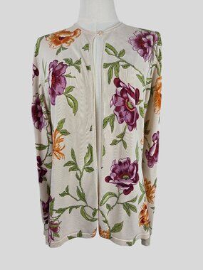 Mercer & Madison Floral Silk Blend Cardigan Sweater Size M Crochet Cuffs Beige